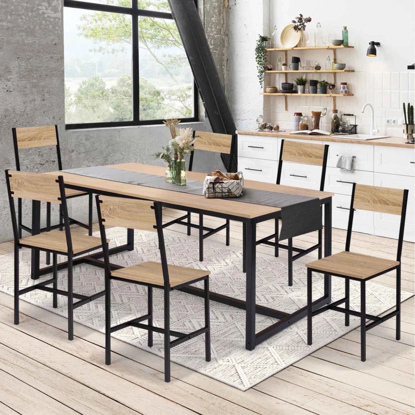 Lot de 6 chaises industrielles Krafta – Bois clair & métal noir | Yambier